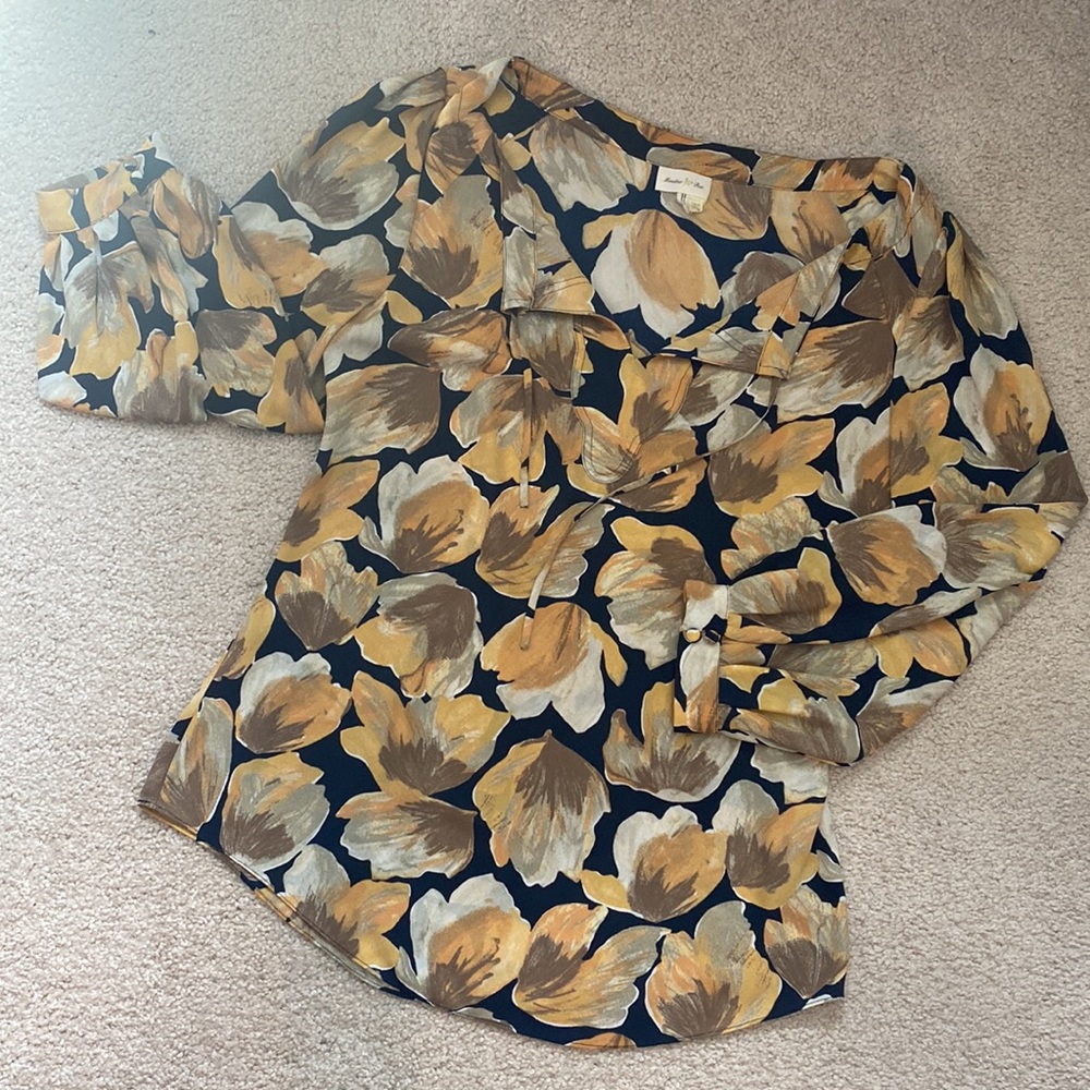 Meadow Rue Floral Blouse (yellow, brown and dark navy blue)